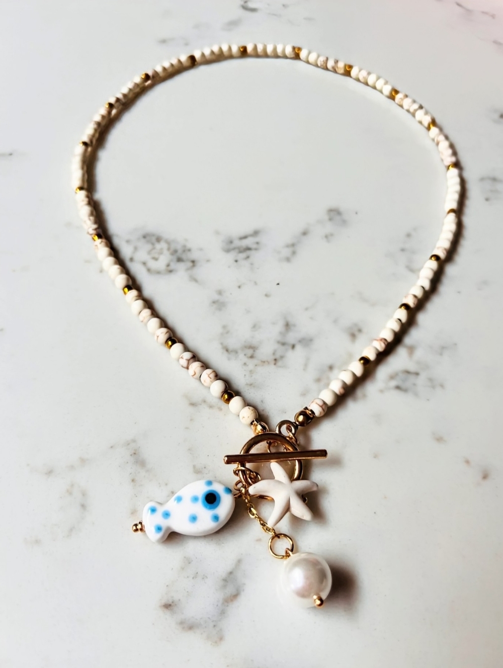 Ceramic starfish, fish and pearl charm necklace; 18.19" around neck; nwot - Picture 6 of 9